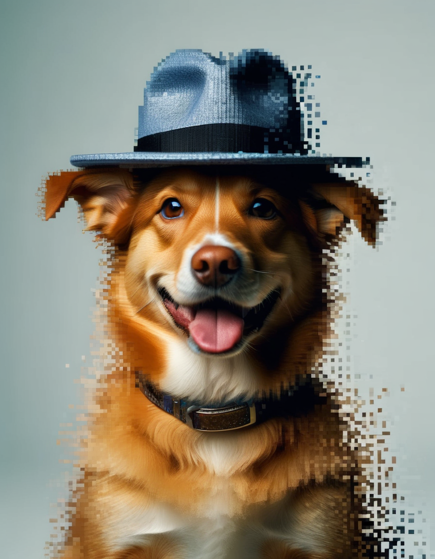 00077-_lora_Aether_Pixel_v1_SDXL_LoRA_1_ close-up of a dog in hat dissolving into pixels.png